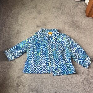 Ruby Rd Blue Green Geometric Print Button Front Top Lightweight SIZE 16